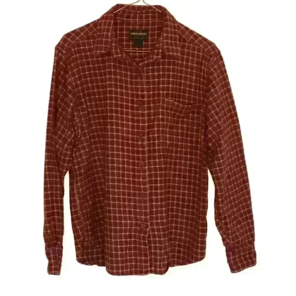 Woolrich women's flannel shirt L button up long sleeve 100% cotton red plaid